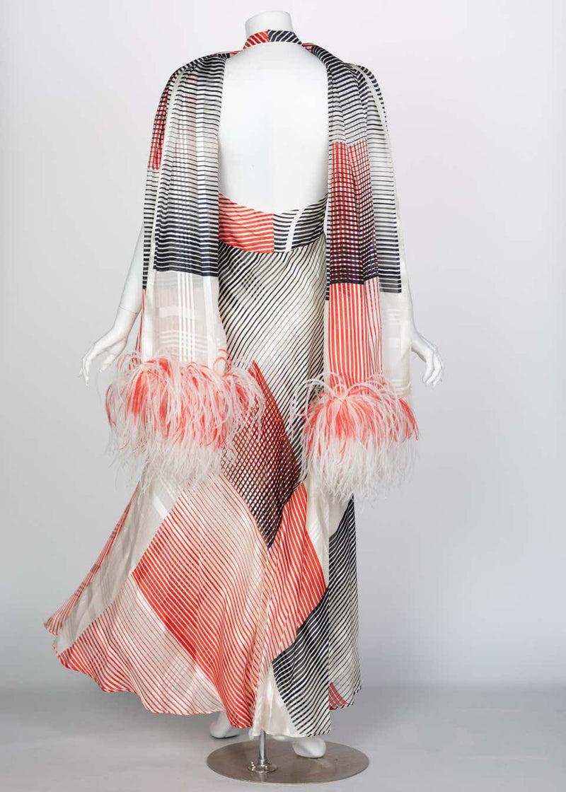 Vintage Red Navy Creme Striped Silk Halter Gown Feather Shawl, 1970s