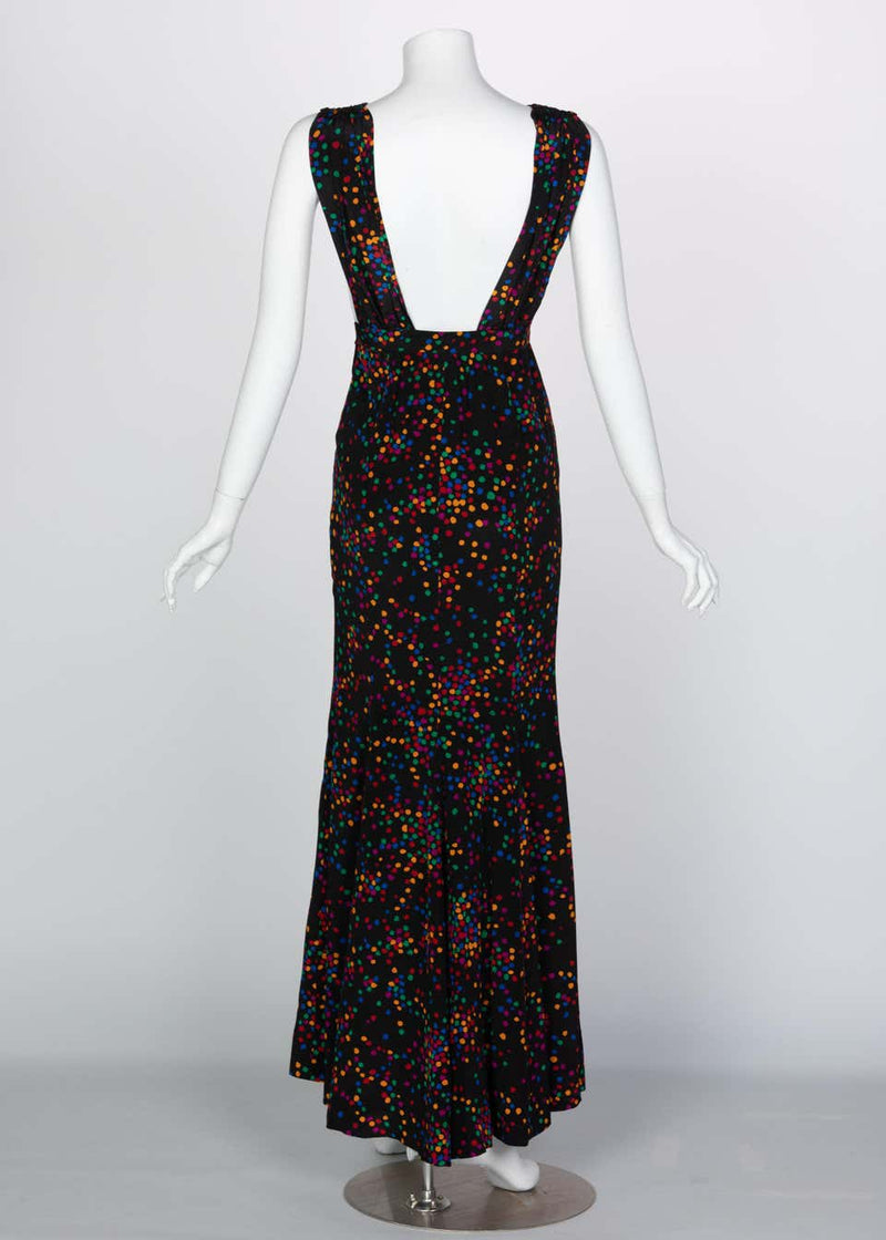 Yves Saint Laurent Black Silk Confetti Dots Plunge Maxi Dress YSL, 1984