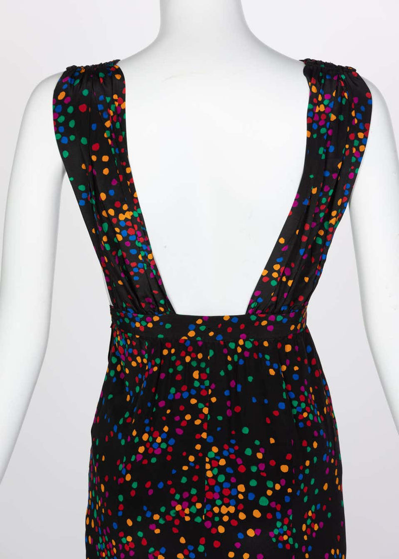 Yves Saint Laurent Black Silk Confetti Dots Plunge Maxi Dress YSL, 1984
