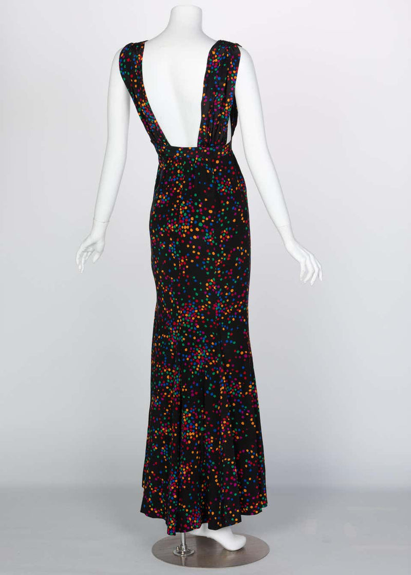 Yves Saint Laurent Black Silk Confetti Dots Plunge Maxi Dress YSL, 1984