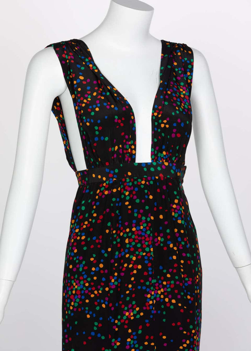Yves Saint Laurent Black Silk Confetti Dots Plunge Maxi Dress YSL, 1984