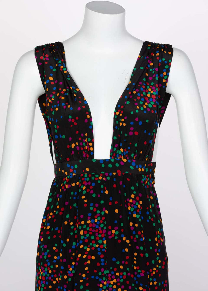 Yves Saint Laurent Black Silk Confetti Dots Plunge Maxi Dress YSL, 1984