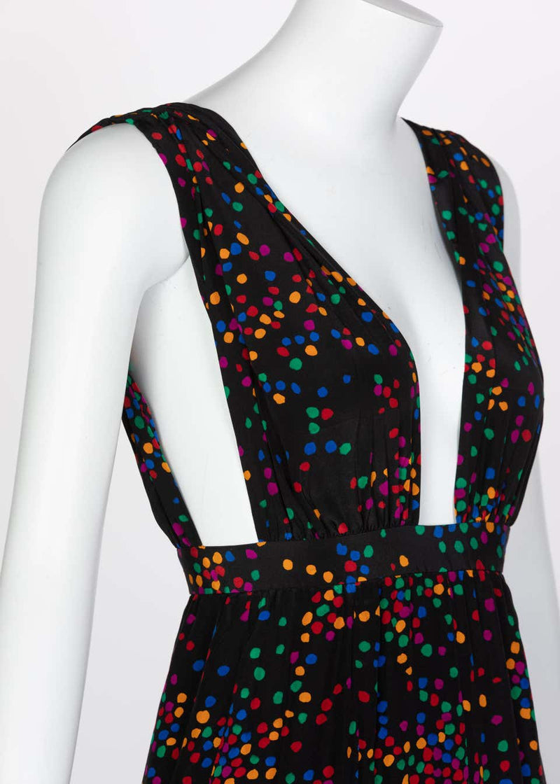 Yves Saint Laurent Black Silk Confetti Dots Plunge Maxi Dress YSL, 1984