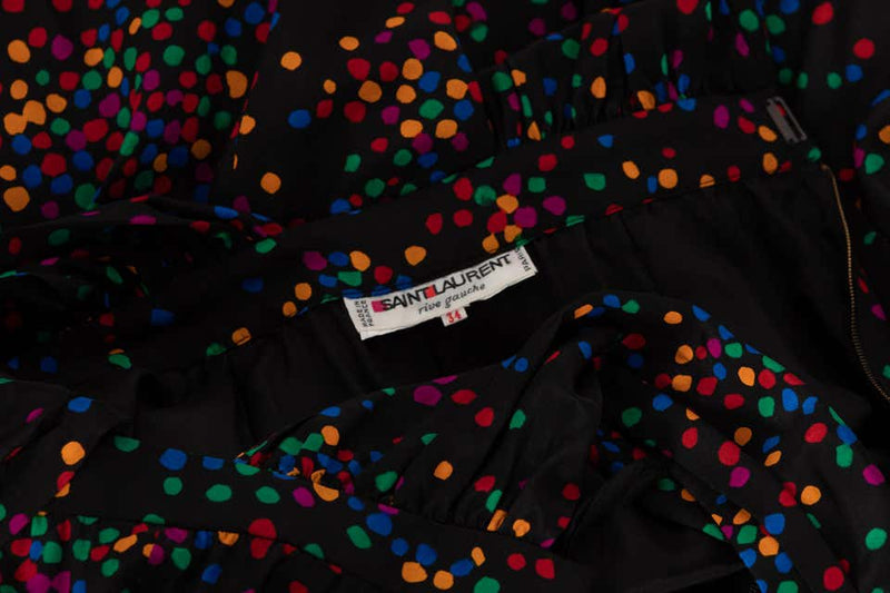 Yves Saint Laurent Black Silk Confetti Dots Plunge Maxi Dress YSL, 1984