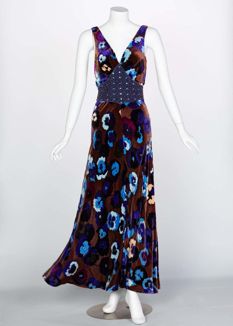 Missoni Brown Blue Purple Silk Velvet Pansy Print Crystal Dress 1930s Style