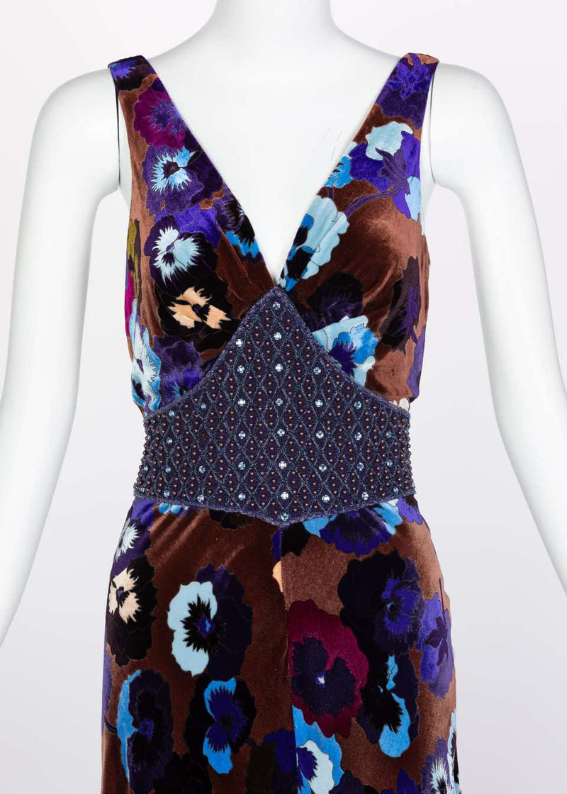 Missoni Brown Blue Purple Silk Velvet Pansy Print Crystal Dress 1930s Style