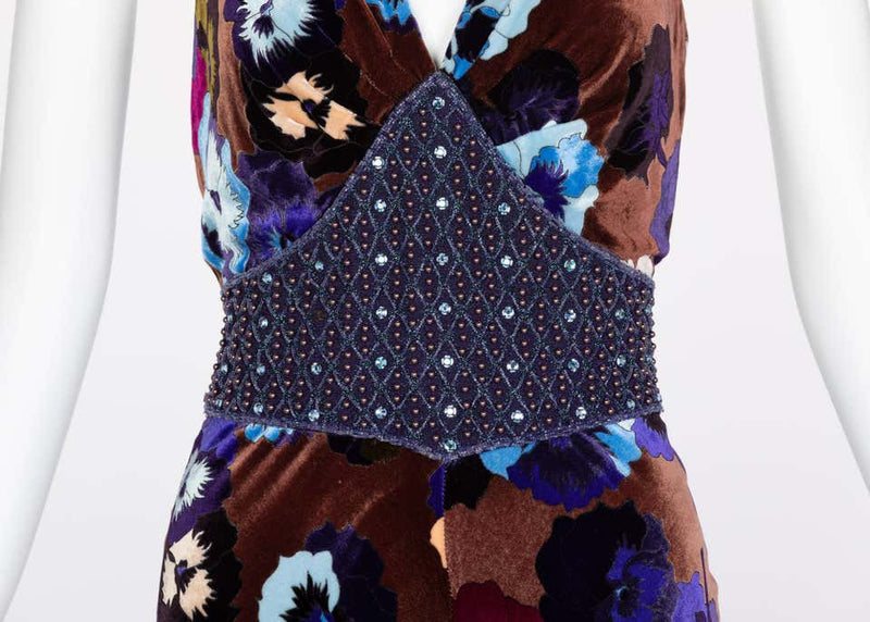 Missoni Brown Blue Purple Silk Velvet Pansy Print Crystal Dress 1930s Style