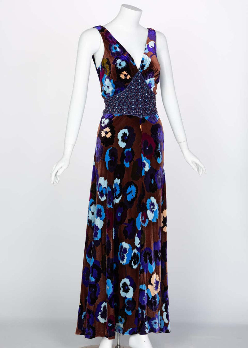 Missoni Brown Blue Purple Silk Velvet Pansy Print Crystal Dress 1930s Style