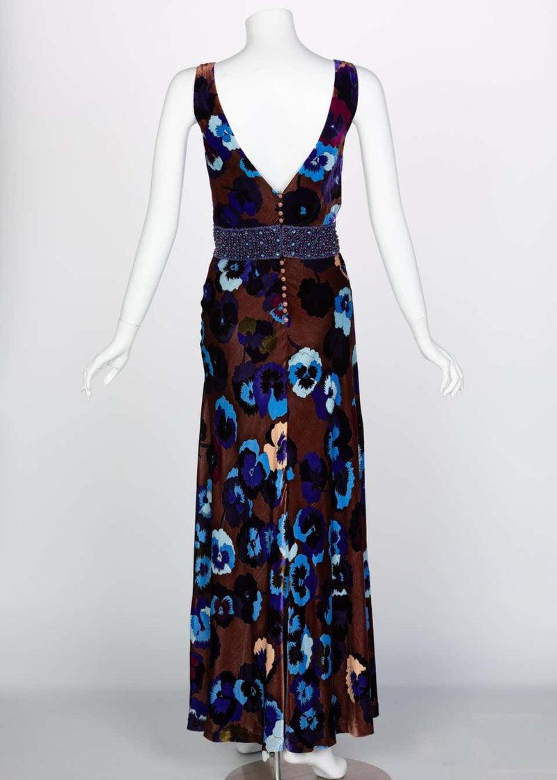 Missoni Brown Blue Purple Silk Velvet Pansy Print Crystal Dress 1930s Style