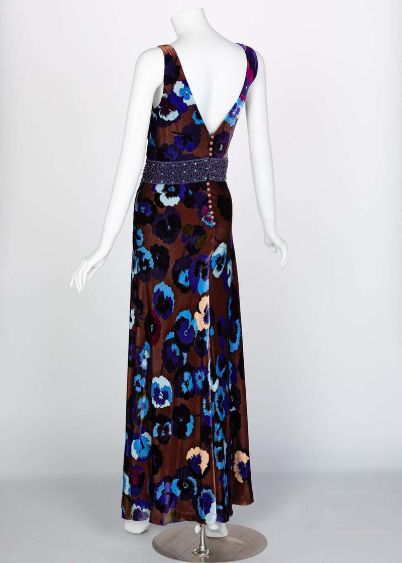 Missoni Brown Blue Purple Silk Velvet Pansy Print Crystal Dress 1930s Style