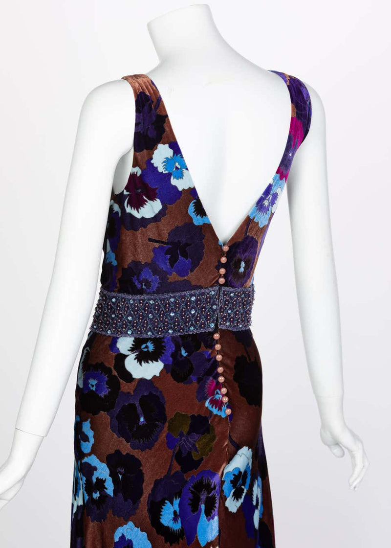 Missoni Brown Blue Purple Silk Velvet Pansy Print Crystal Dress 1930s Style