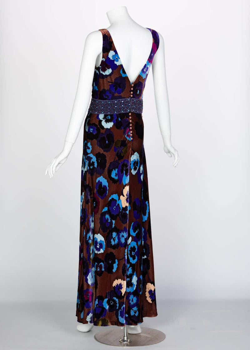 Missoni Brown Blue Purple Silk Velvet Pansy Print Crystal Dress 1930s Style