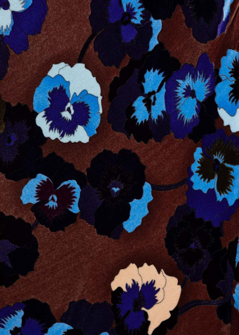 Missoni Brown Blue Purple Silk Velvet Pansy Print Crystal Dress 1930s Style