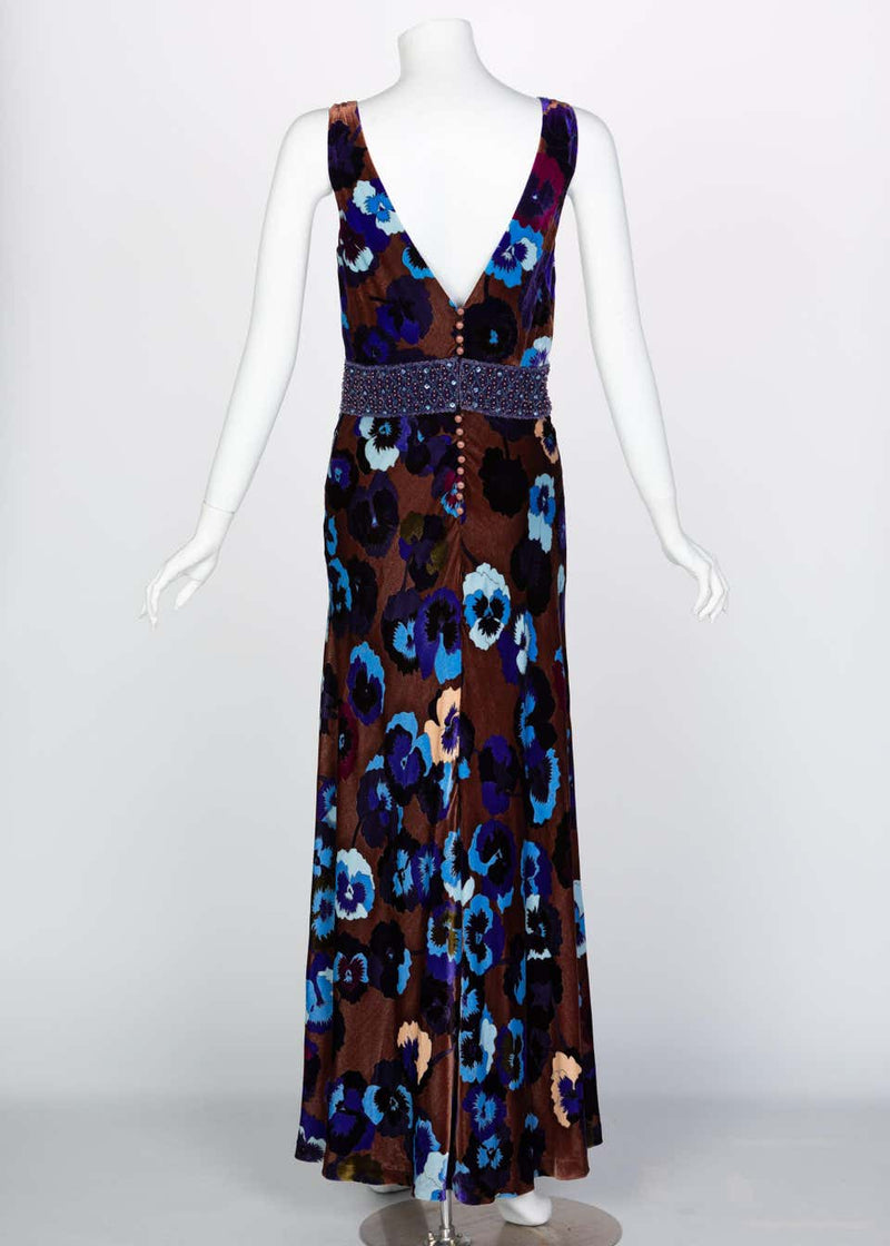 Missoni Brown Blue Purple Silk Velvet Pansy Print Crystal Dress 1930s Style