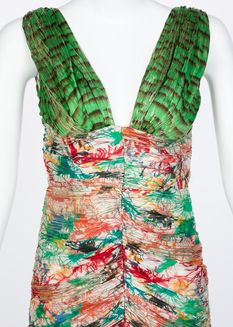 Zac Posen Splash Paint Multicolored Print Silk Lamè Cutout Back Dress, 2006