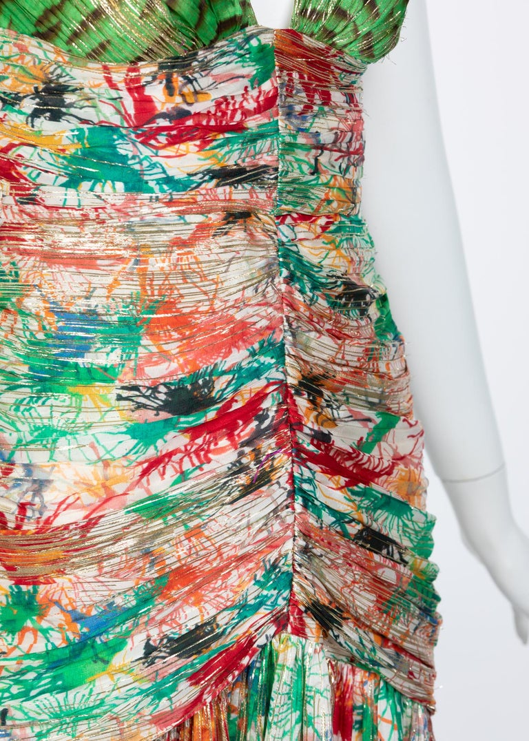 Zac Posen Splash Paint Multicolored Print Silk Lamè Cutout Back Dress, 2006