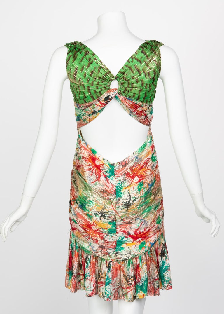 Zac Posen Splash Paint Multicolored Print Silk Lamè Cutout Back Dress, 2006