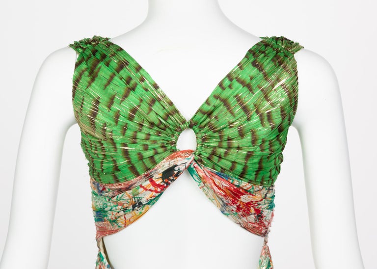 Zac Posen Splash Paint Multicolored Print Silk Lamè Cutout Back Dress, 2006