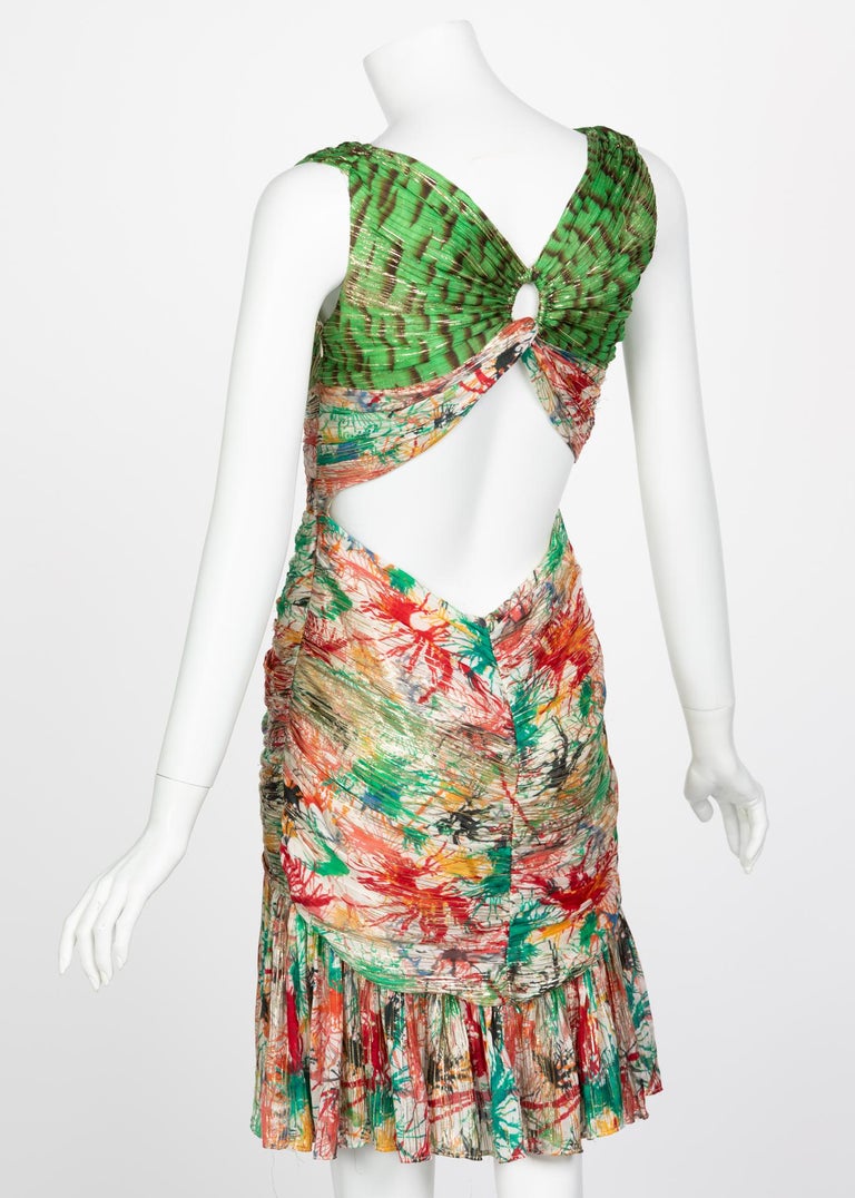 Zac Posen Splash Paint Multicolored Print Silk Lamè Cutout Back Dress, 2006