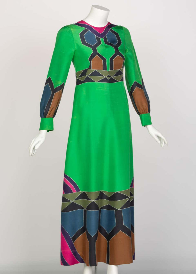 Nane French Couture Green Printed Silk Maxi Dress, 1970s