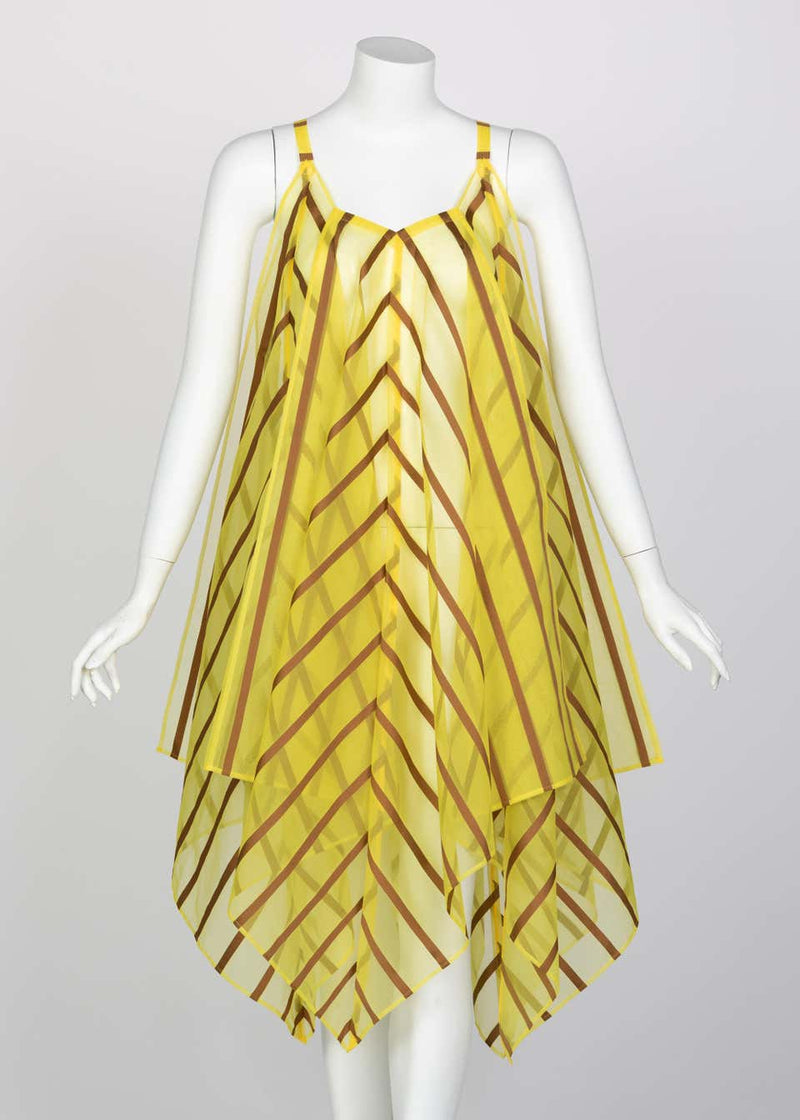 Issey Miyake Yellow Organza Brown Striped  Dress