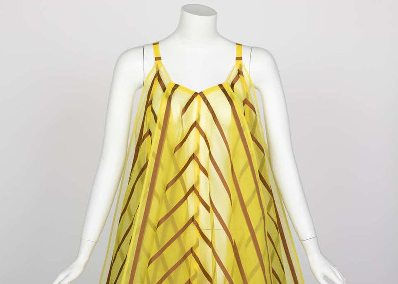 Issey Miyake Yellow Organza Brown Striped  Dress