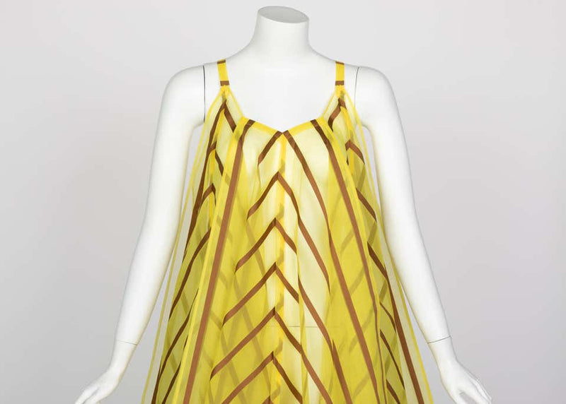 Issey Miyake Yellow Organza Brown Striped Handkerchief Dress