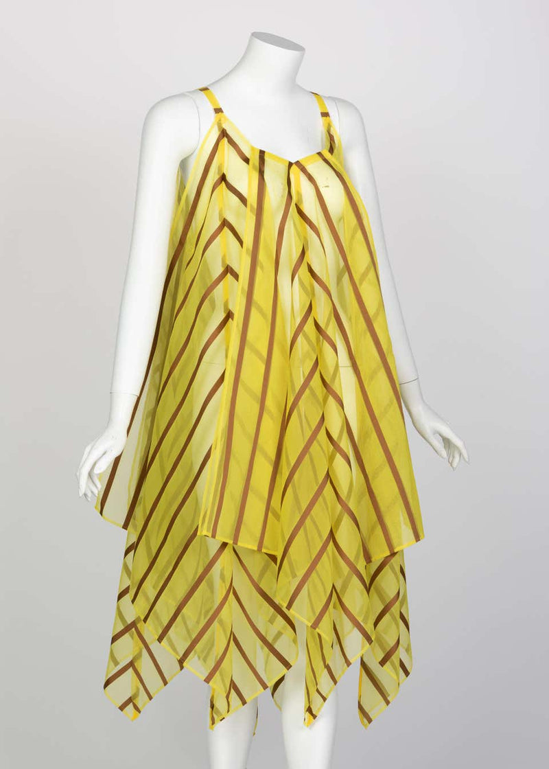 Issey Miyake Yellow Organza Brown Striped  Dress