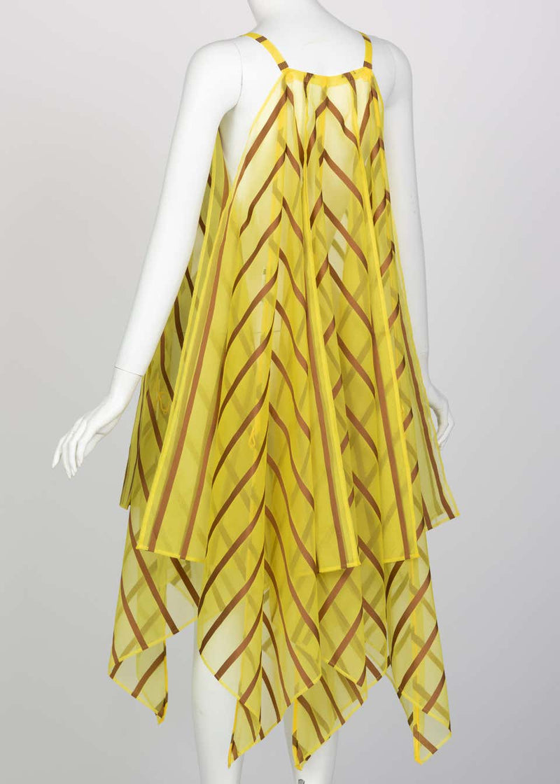 Issey Miyake Yellow Organza Brown Striped  Dress