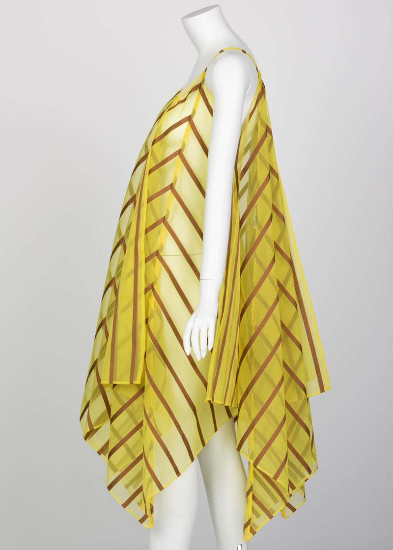 Issey Miyake Yellow Organza Brown Striped  Dress