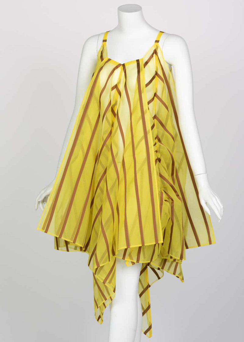 Issey Miyake Yellow Organza Brown Striped  Dress
