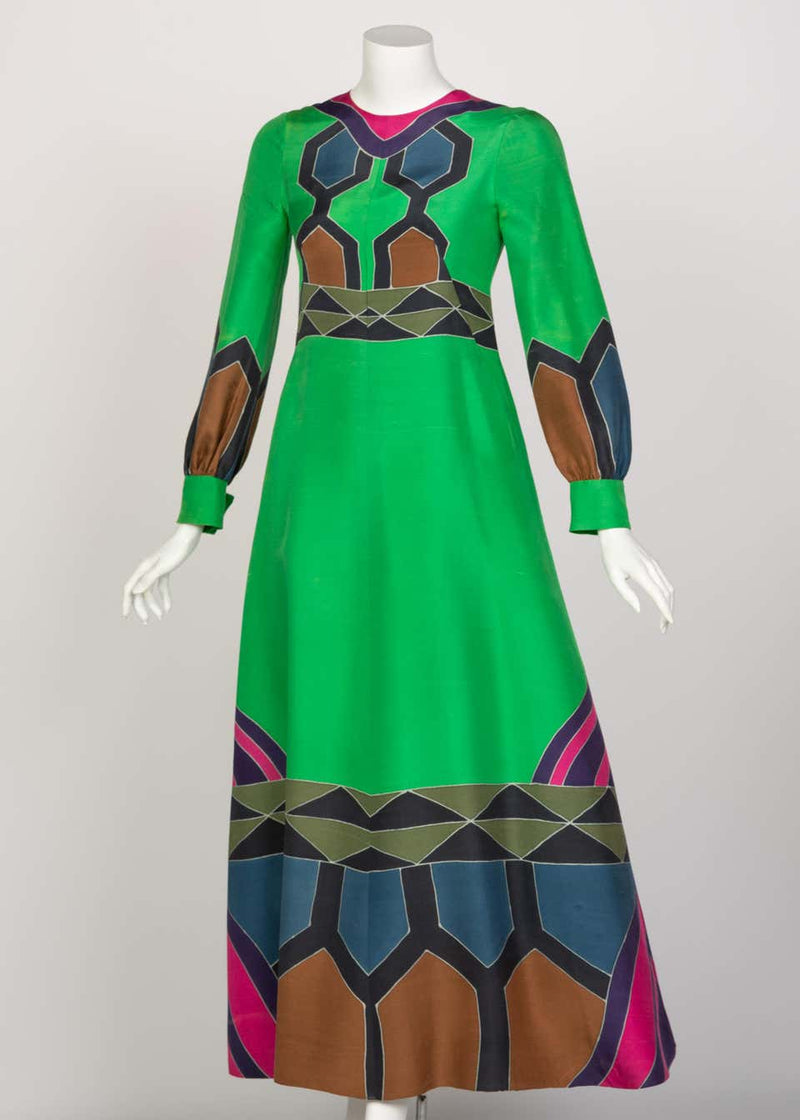 Nane French Couture Green Printed Silk Maxi Dress, 1970s