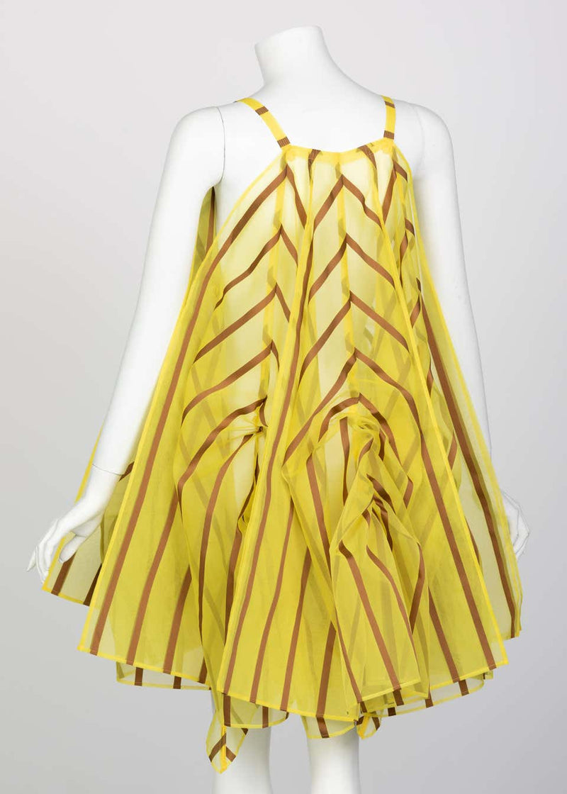Issey Miyake Yellow Organza Brown Striped  Dress