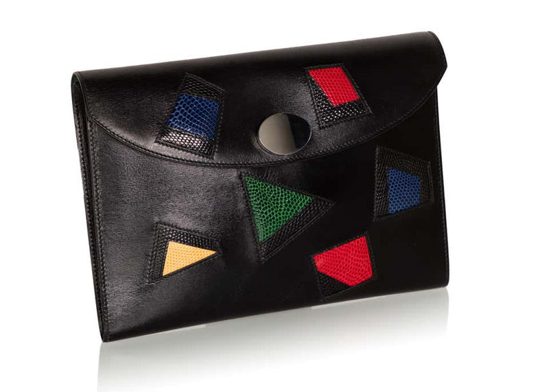 Hermès Black Leather Multicolored Lizard  Clutch Rare, 1980s