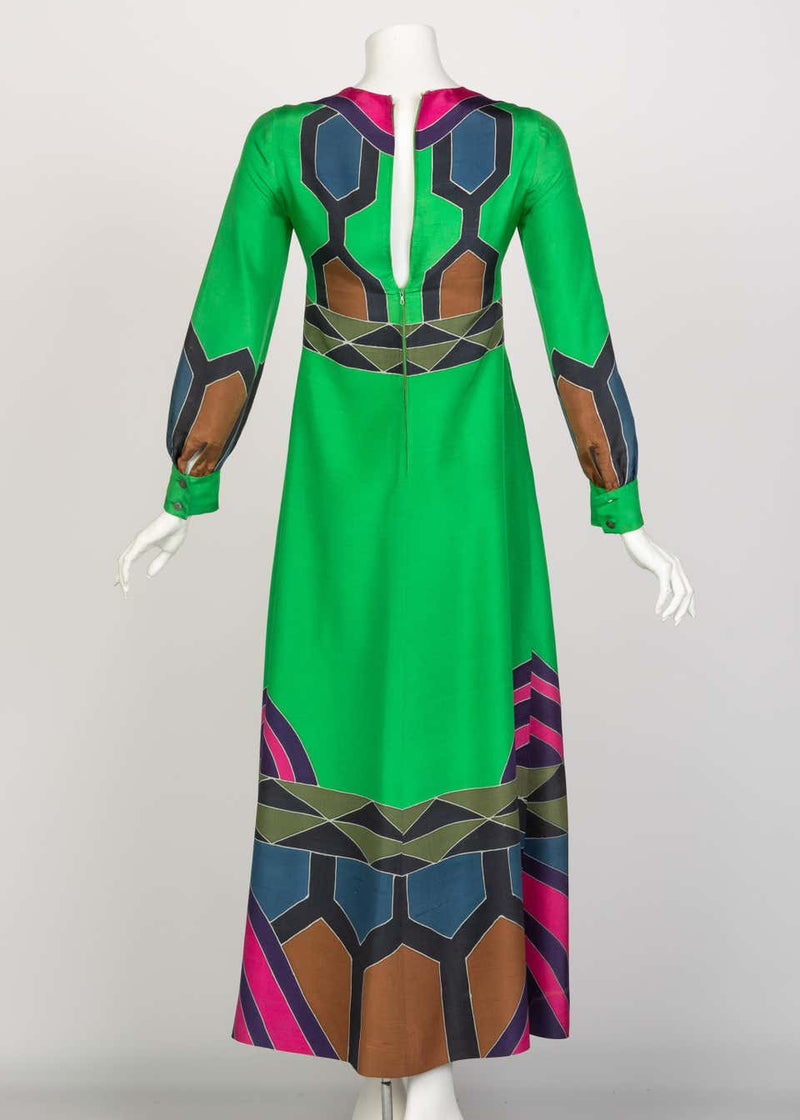 Nane French Couture Green Printed Silk Maxi Dress, 1970s
