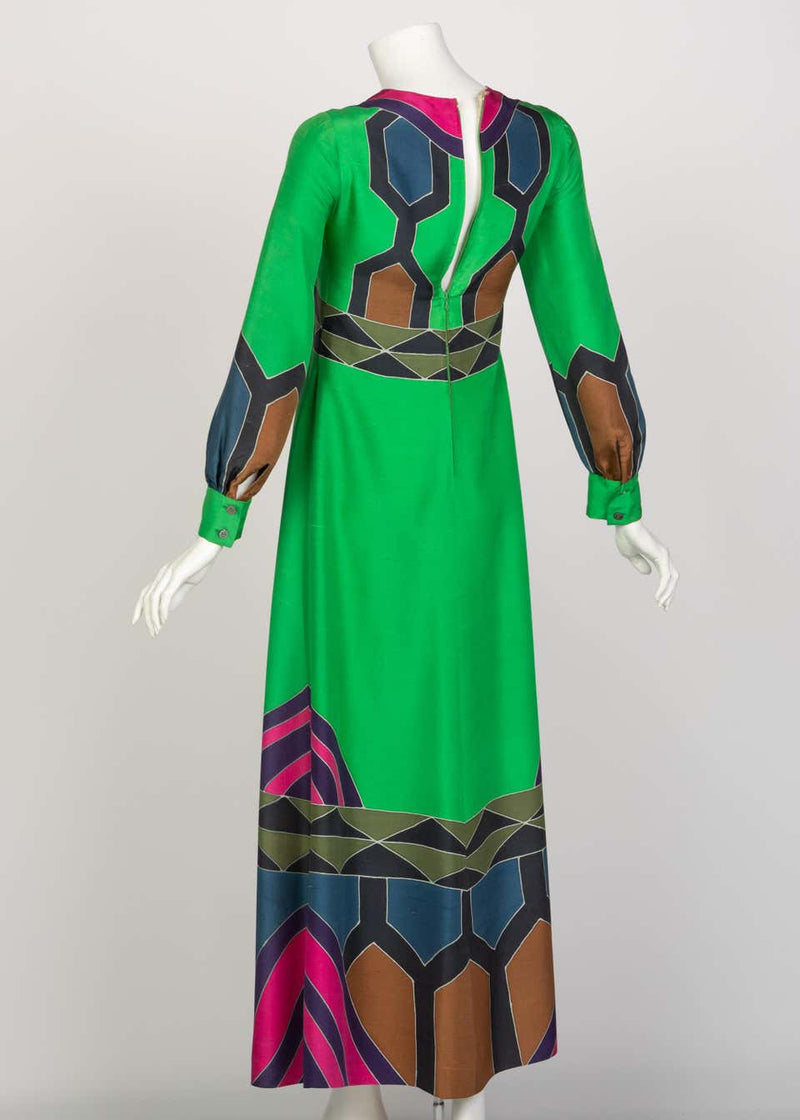 Nane French Couture Green Printed Silk Maxi Dress, 1970s