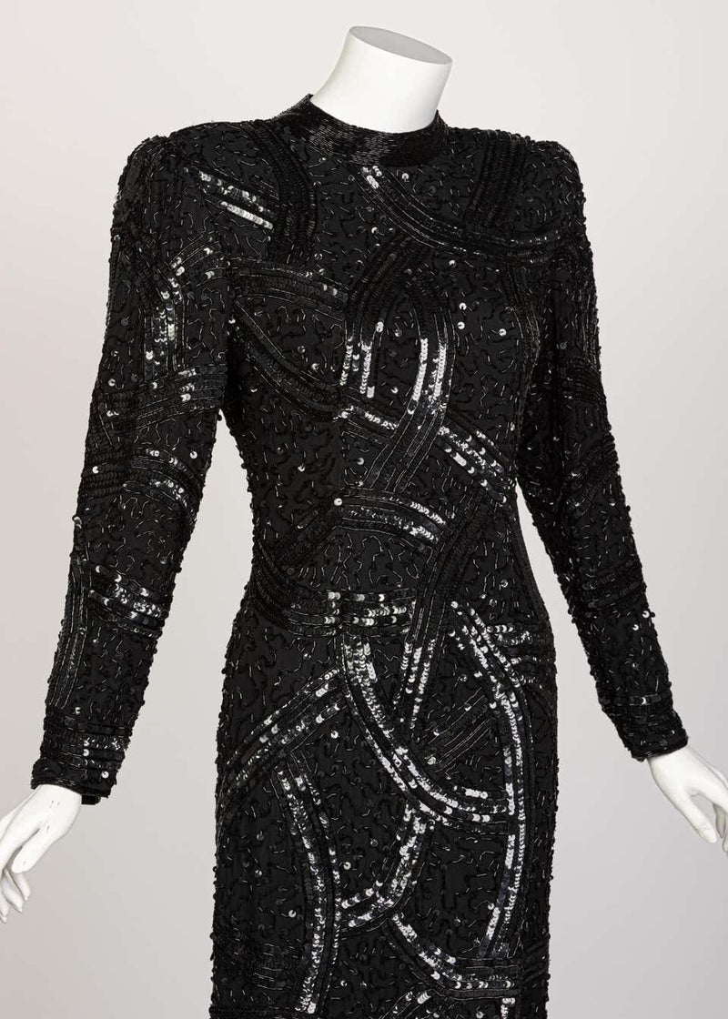 Bob Mackie Attributed Black Beaded Sequins Dress, 1980s