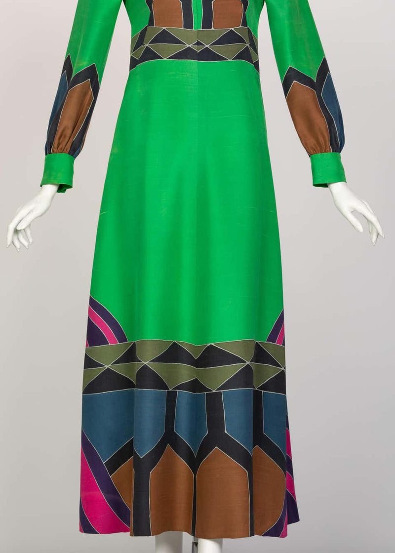 Nane French Couture Green Printed Silk Maxi Dress, 1970s