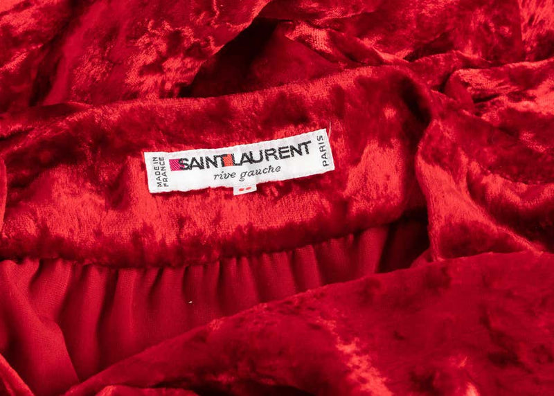 Saint Laurent Red Crushed Velvet Plunge Wrap Maxi Dress YSL Runway, 1985