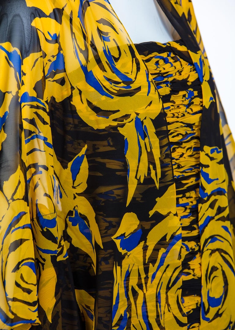 Valentino Yellow Floral Print Draped Black Silk Fishtail Gown Shawl 1970s