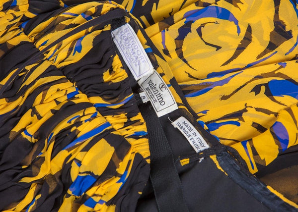 Valentino Yellow Floral Print Draped Black Silk Fishtail Gown Shawl 1970s