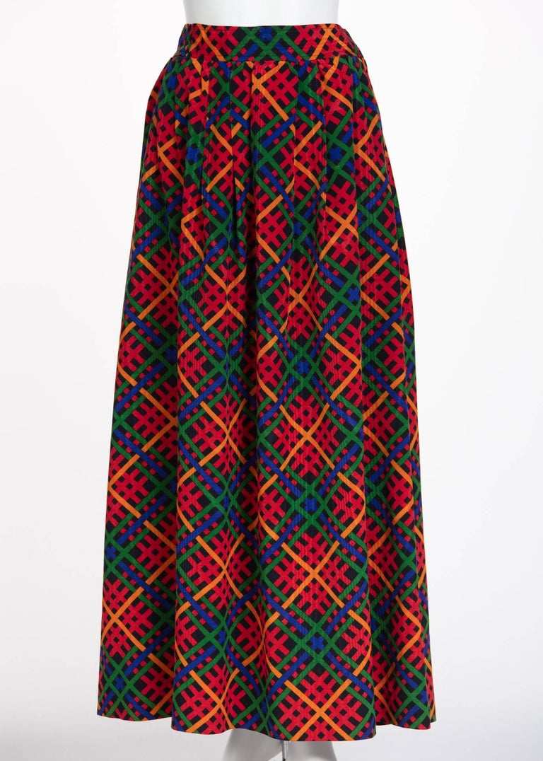 Yves Saint Laurent Red Multicolored Plaid Full Maxi Skirt YSL, 1970s