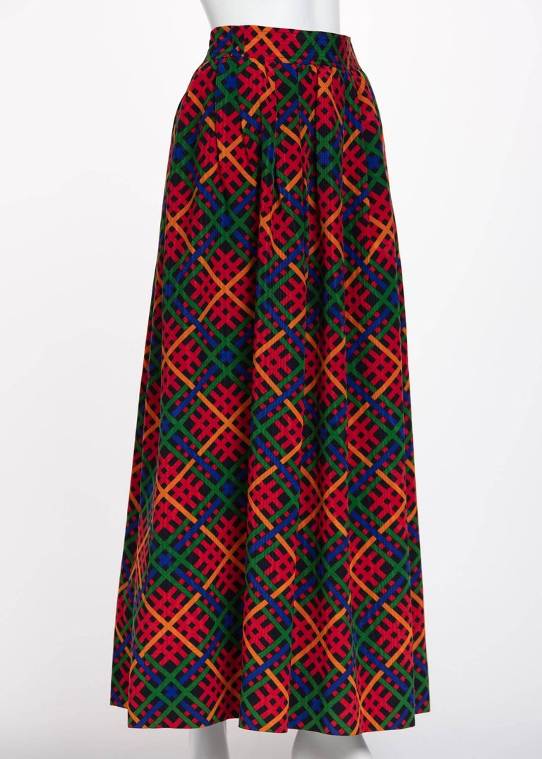 Yves Saint Laurent Red Multicolored Plaid Full Maxi Skirt YSL, 1970s