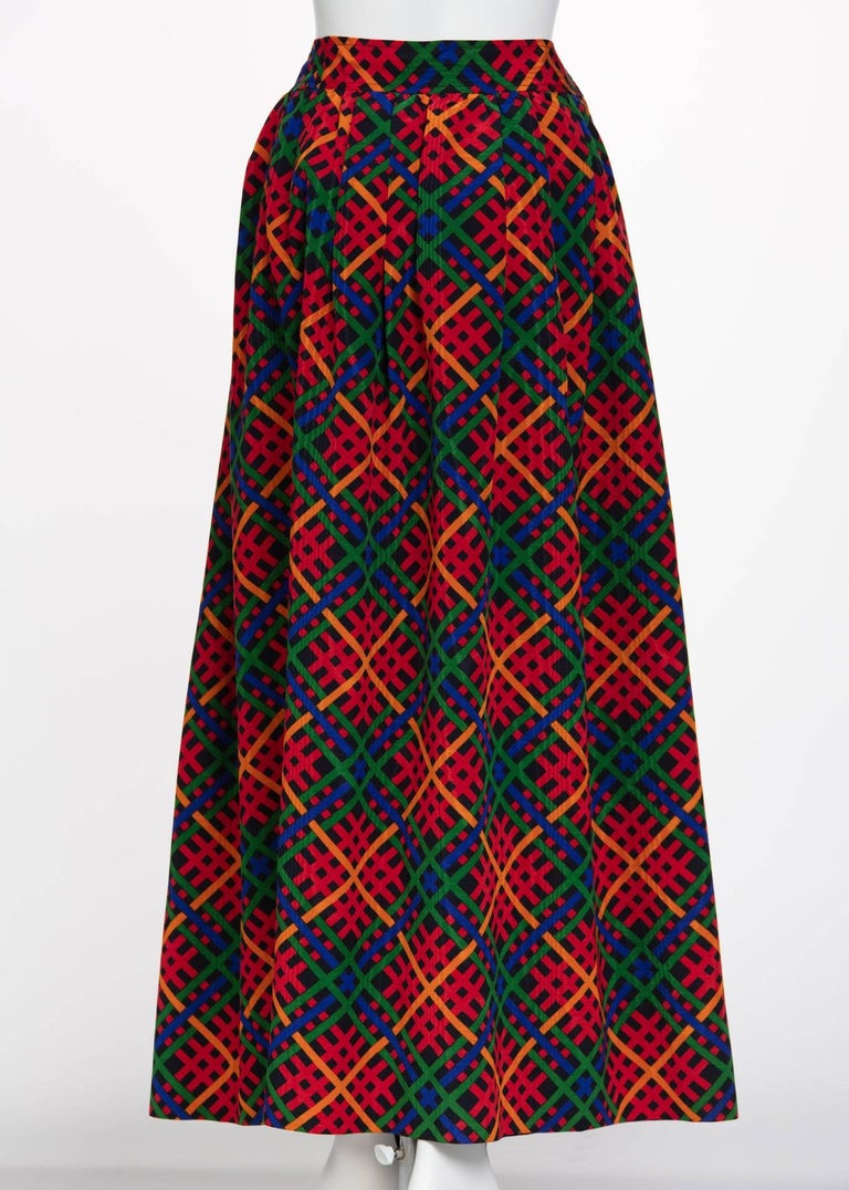 Yves Saint Laurent Red Multicolored Plaid Full Maxi Skirt YSL, 1970s