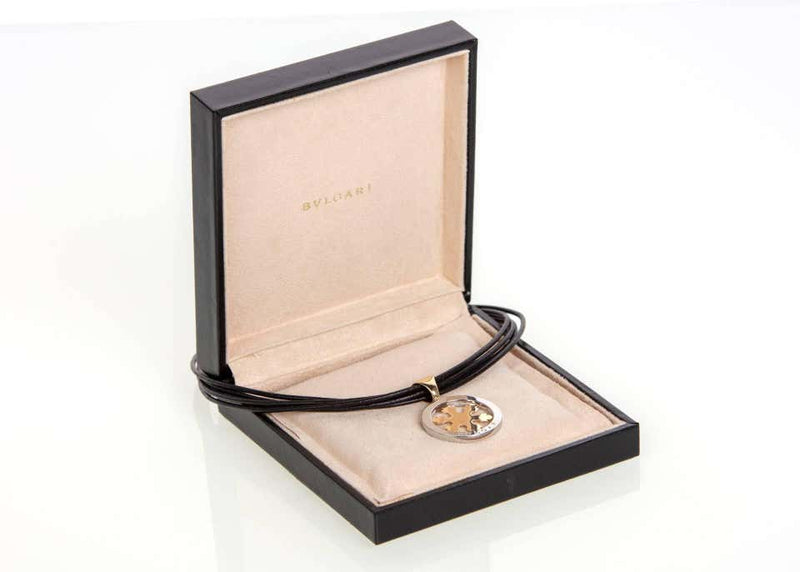 Bulgari Gold Stainless Steel Tondo Snow Flake Pendant Leather Rope Necklace