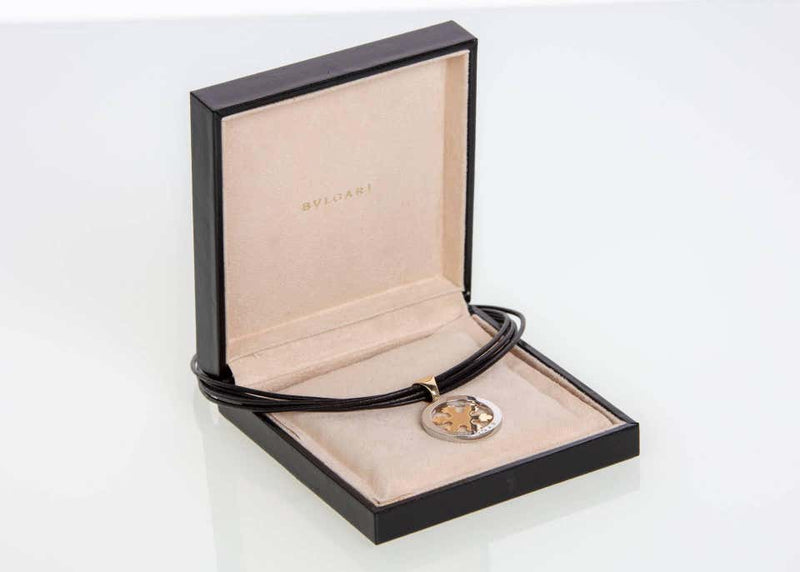 Bulgari Gold Stainless Steel Tondo Snow Flake Pendant Leather Rope Necklace