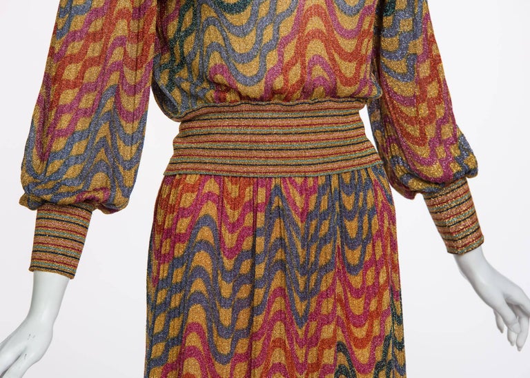 Missoni Multicolored Gold Metallic Lurex Print Top Skirt Set, 1970s