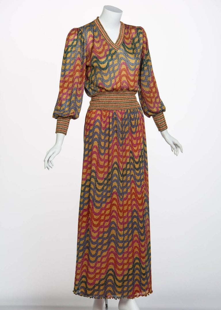 Missoni Multicolored Gold Metallic Lurex Print Top Skirt Set, 1970s