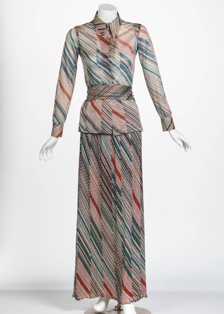1970s Missoni Diagonal Stripe Lurex Illusion Maxi Skirt and Blouse Set