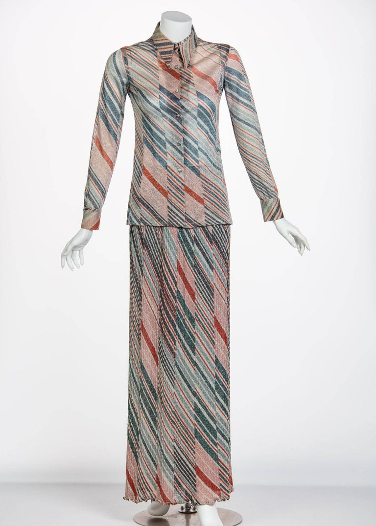 1970s Missoni Diagonal Stripe Lurex Illusion Maxi Skirt and Blouse Set